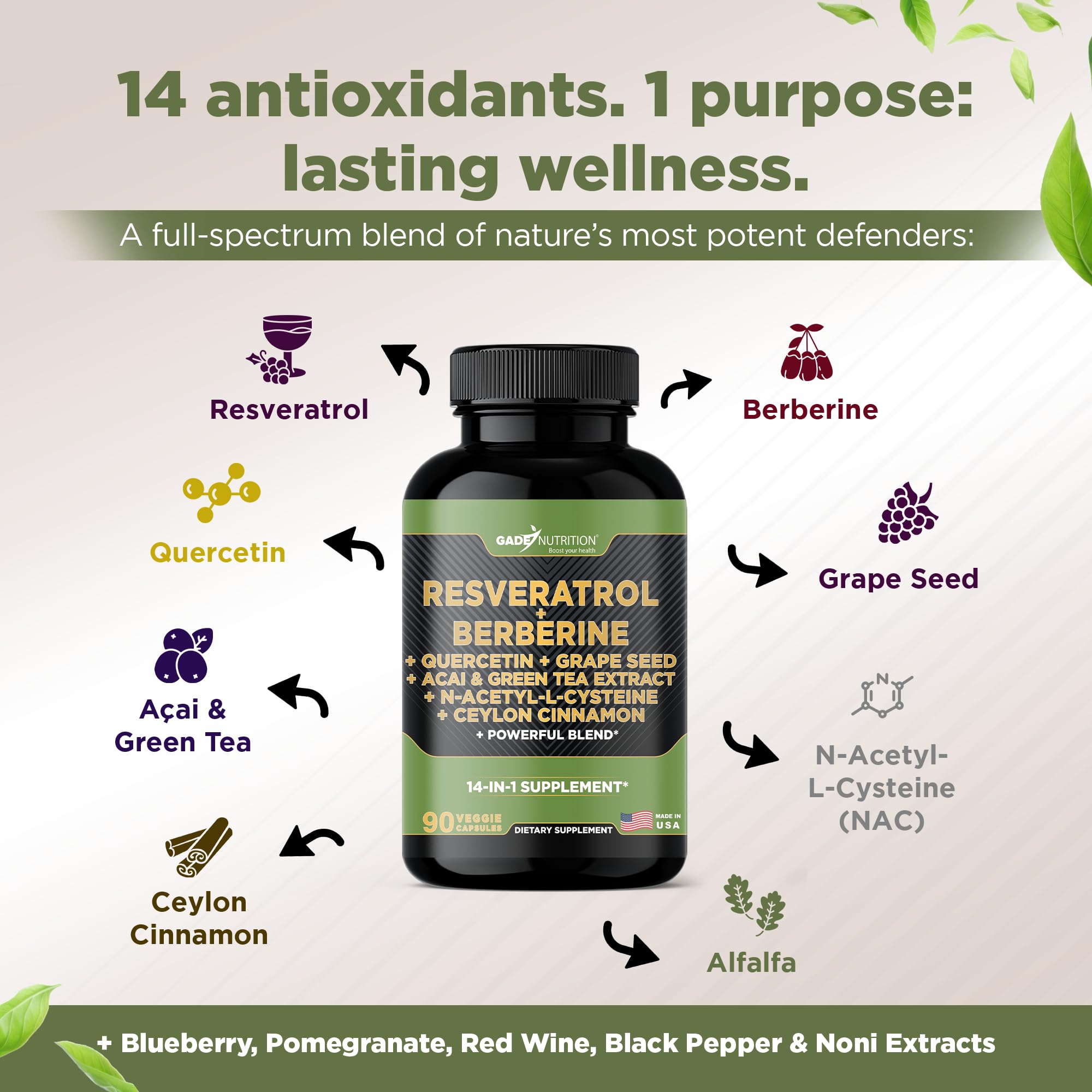Gade Nutrition Resveratrol Berberine Quercetin Grape Seed Extract Green Tea Extract N-Acetyl Cysteine - 14 in 1 Complex Supplement for Women & Men with Potent Antioxidants - Made in USA — Amazon image 3