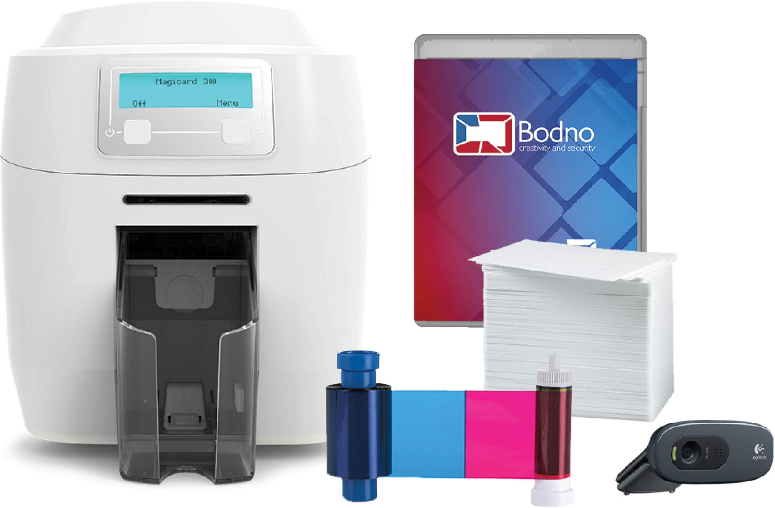 Bodno Magicard 300 Single Sided ID Card Printer & Complete Supplies Package ID Software - Silver Edition