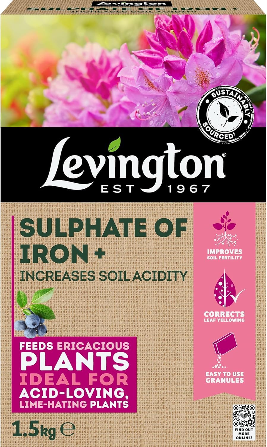 Levington Sulphate of Iron+ 1.5kg – Soil Acidifier & Feed for Ericaceous Plants – Corrects Leaf Yellowing – Ideal for Rhododendrons, Azaleas, Camellias, Hydrangeas, Blueberries & More