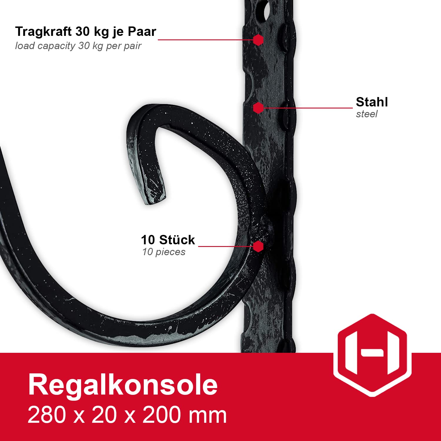 Consolle ornamentale Gedotec supporto pesante supporto pesante in metallo | VICTORIA | profondità: 280 mm | portata ripiano 15 kg | acciaio forgiato nero antico | 4 reggimensola stile country