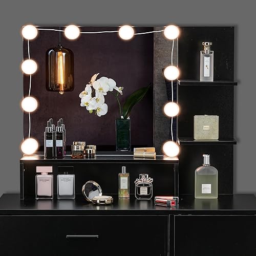 Miniatura 3 de VINGLI Escritorio de tocador con espejo y luces, tocador de maquillaje negro con cajones y 6 estantes de almacenamiento, mesa de tocador con silla
