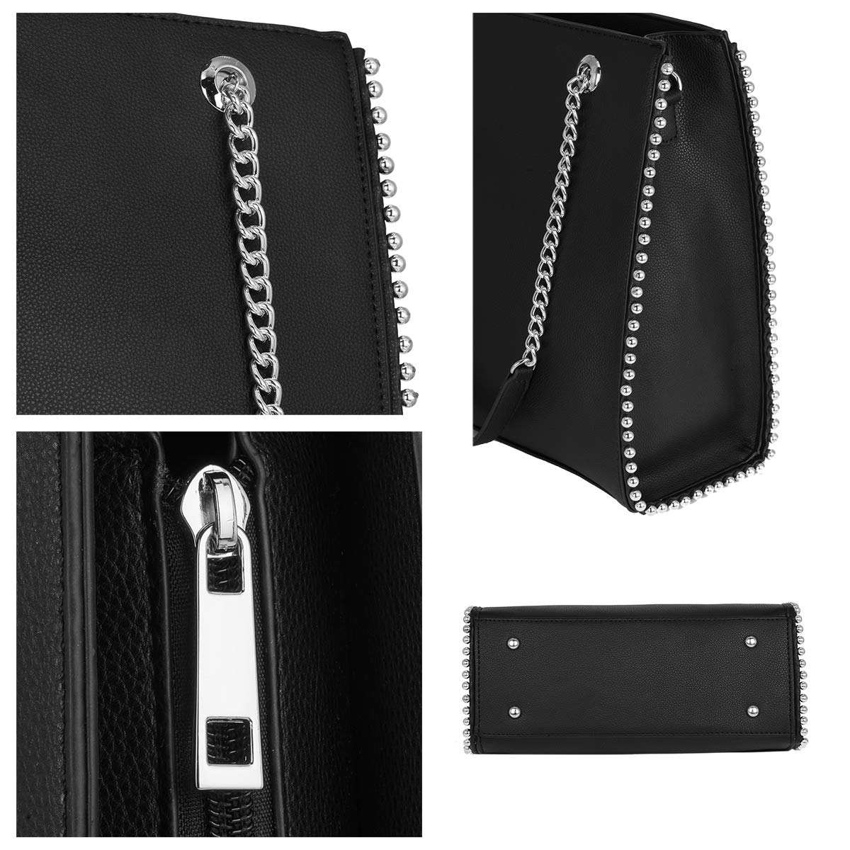 CRAZYCHIC - Damen Ketten Handtasche - Tote Shopper Nieten Perlen - PU Leder Schultertasche Rechteckig - Medium Große Shopping Bag - Frauen Elegante Moderne Tragetasche - Mode Stilvoll - Schwarz
