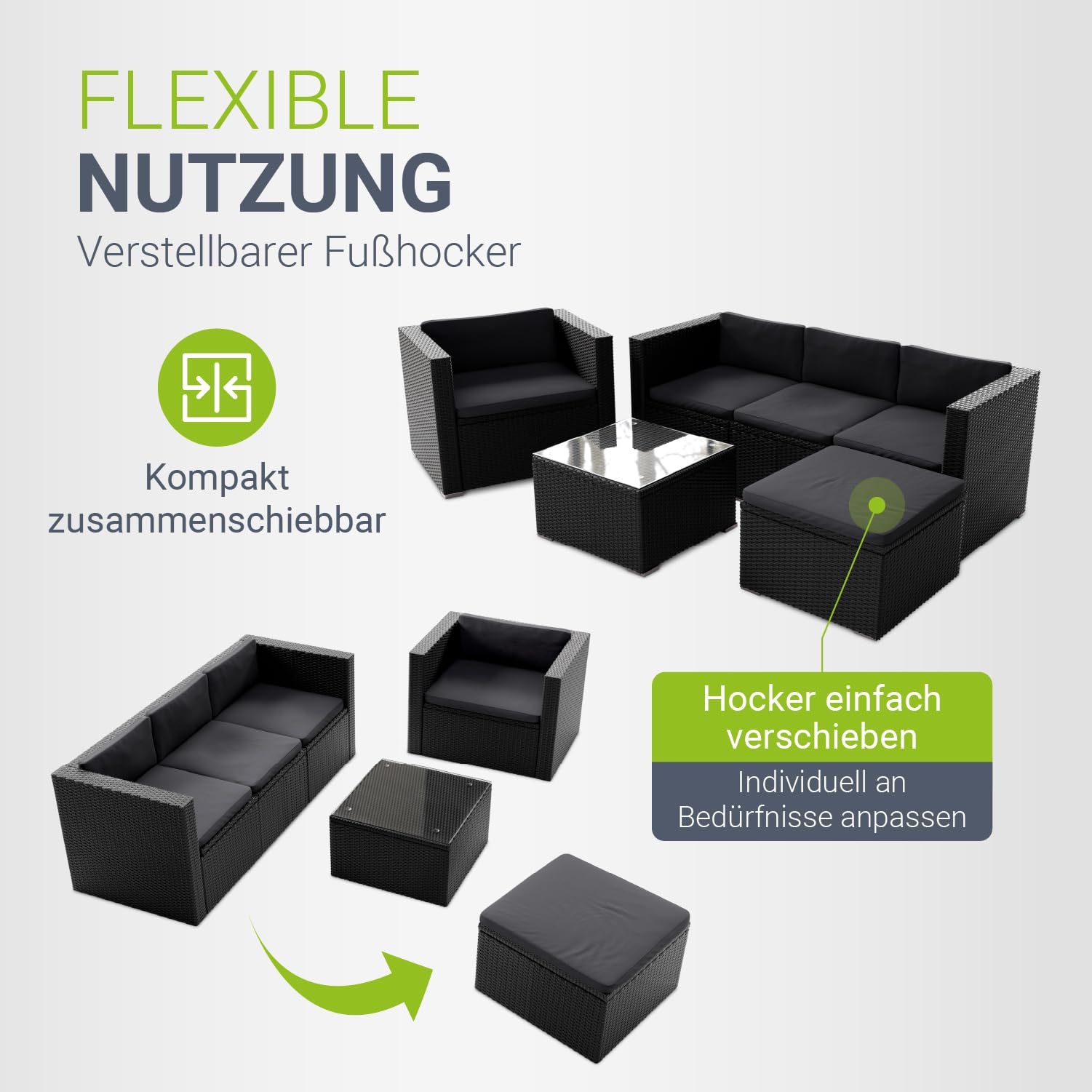Juskys Polyrattan Lounge Punta Cana L für 4-5 Personen mit 3er Sofa, Sessel, Hocker, Tisch & Kissen, Sitzgruppe für Garten, Terrasse und Balkon, Gartenmöbel Set wetterfest - Schwarz/Grau
