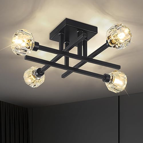 Lámpara de techo de cocina, lámpara de techo de 4 luces para dormitorio con pantalla de cristal, candelabros industriales negros para comedor,