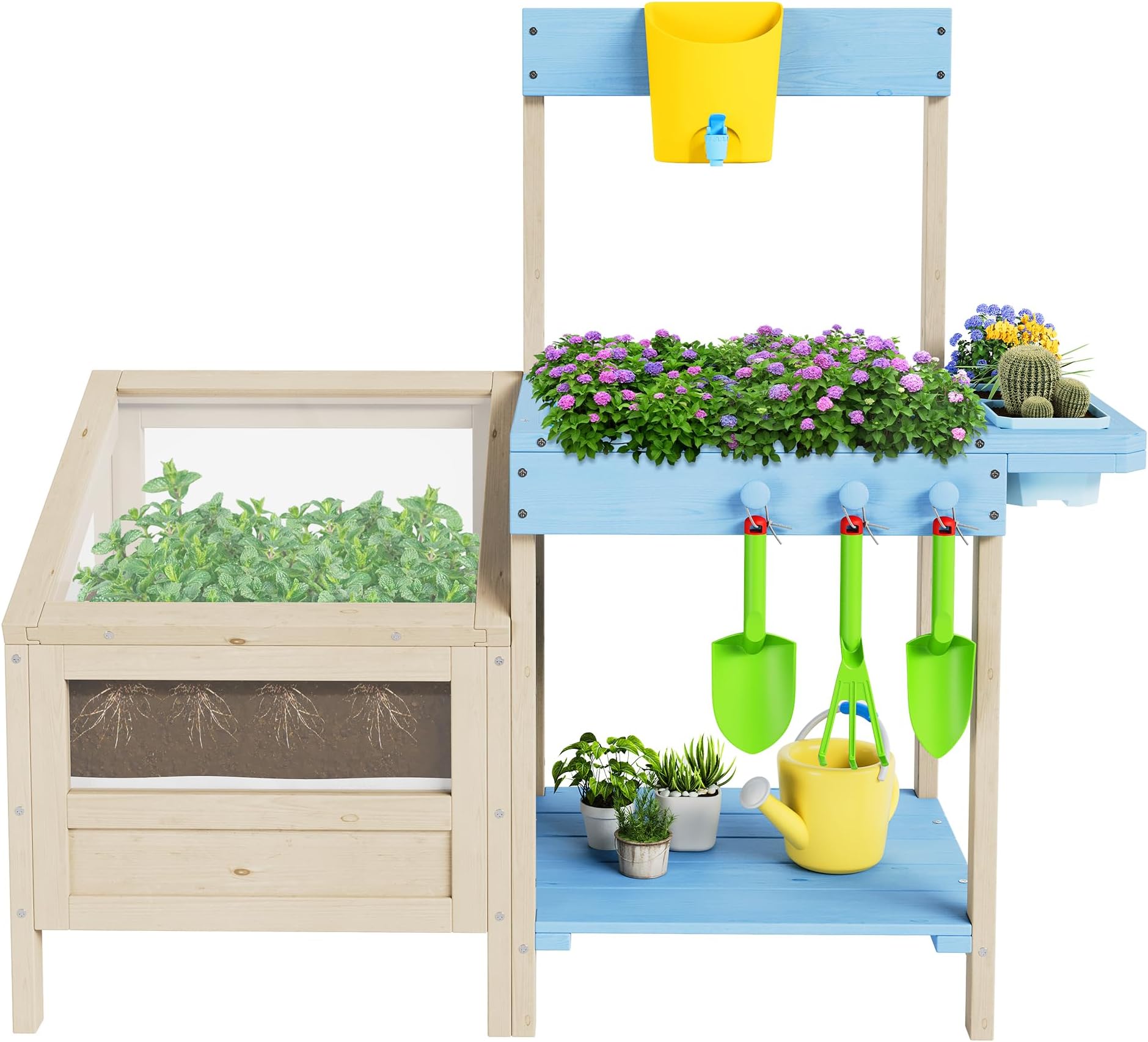 Outdoor Garden Potting Bench Table All-Weather Garden Table Work Station with Transparent Planter Box Raised Garden Bed 3 Side Plant Pots and Storage Shelf for Lawn Garden