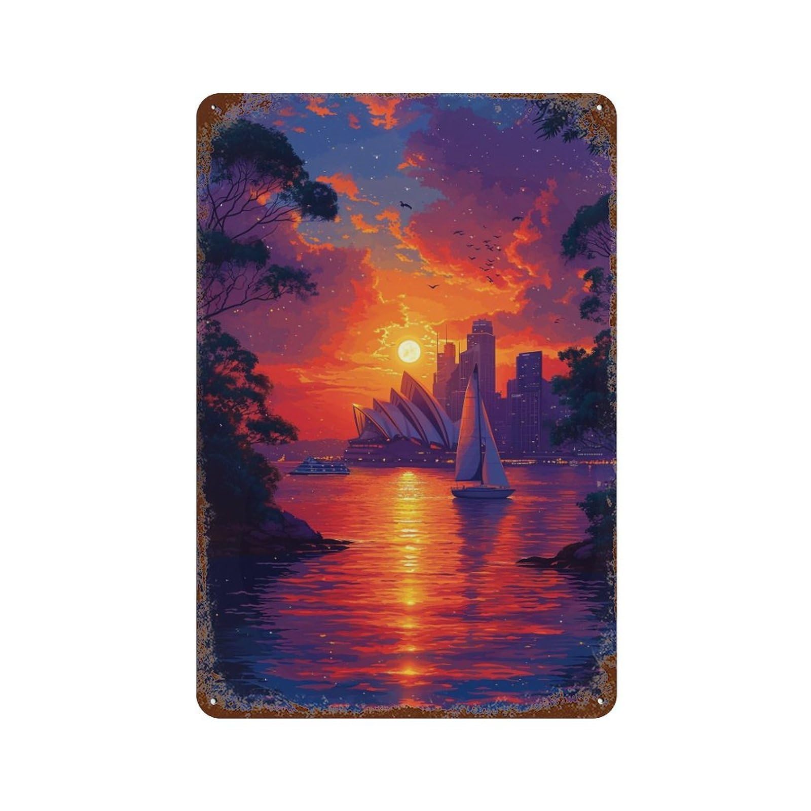 Garage Style Sydney Opera House Sunset Rust Effect Tin Sign 11.8"x7.9", Shabby Chic Decor for Bar And Workshop