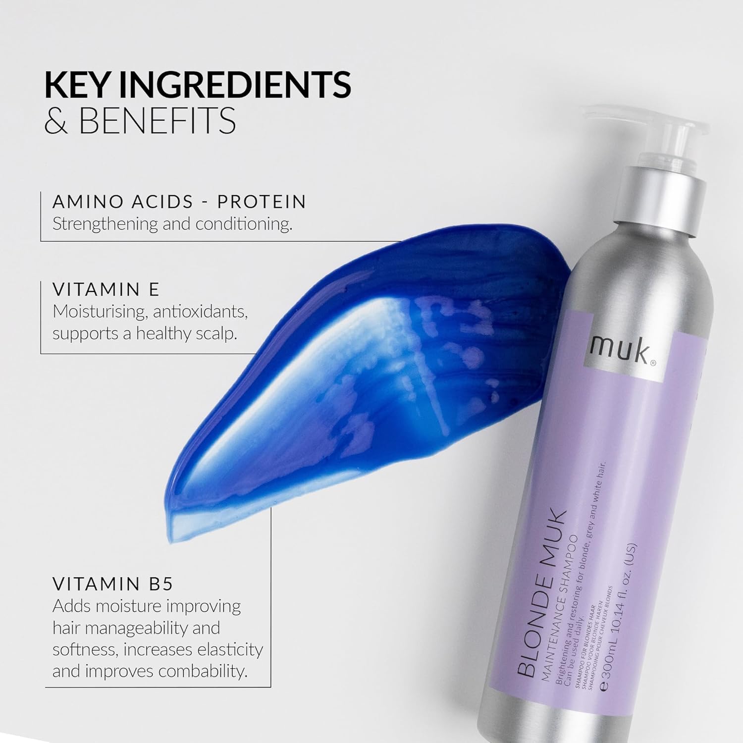 MUK. Blonde Maintenance Shampoo - Blonde Shampoo for Reducing Brassy, Yellow Tones. Hydrating Colour Care for Fine to Coarse Hair, 300ml