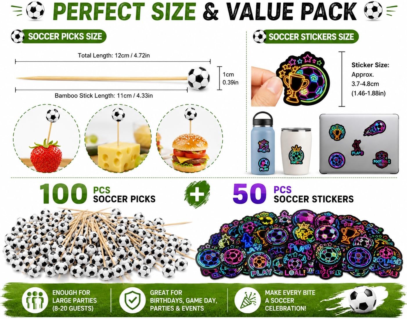 100 PCS 3D Soccer Ball Cocktail Picks with 50 PCS Soccer Stickers, Premium Bamboo Food Picks for Appetizers, Cupcakes, Charcuterie Boards, Soccer Birthday Party Decorations Supplies