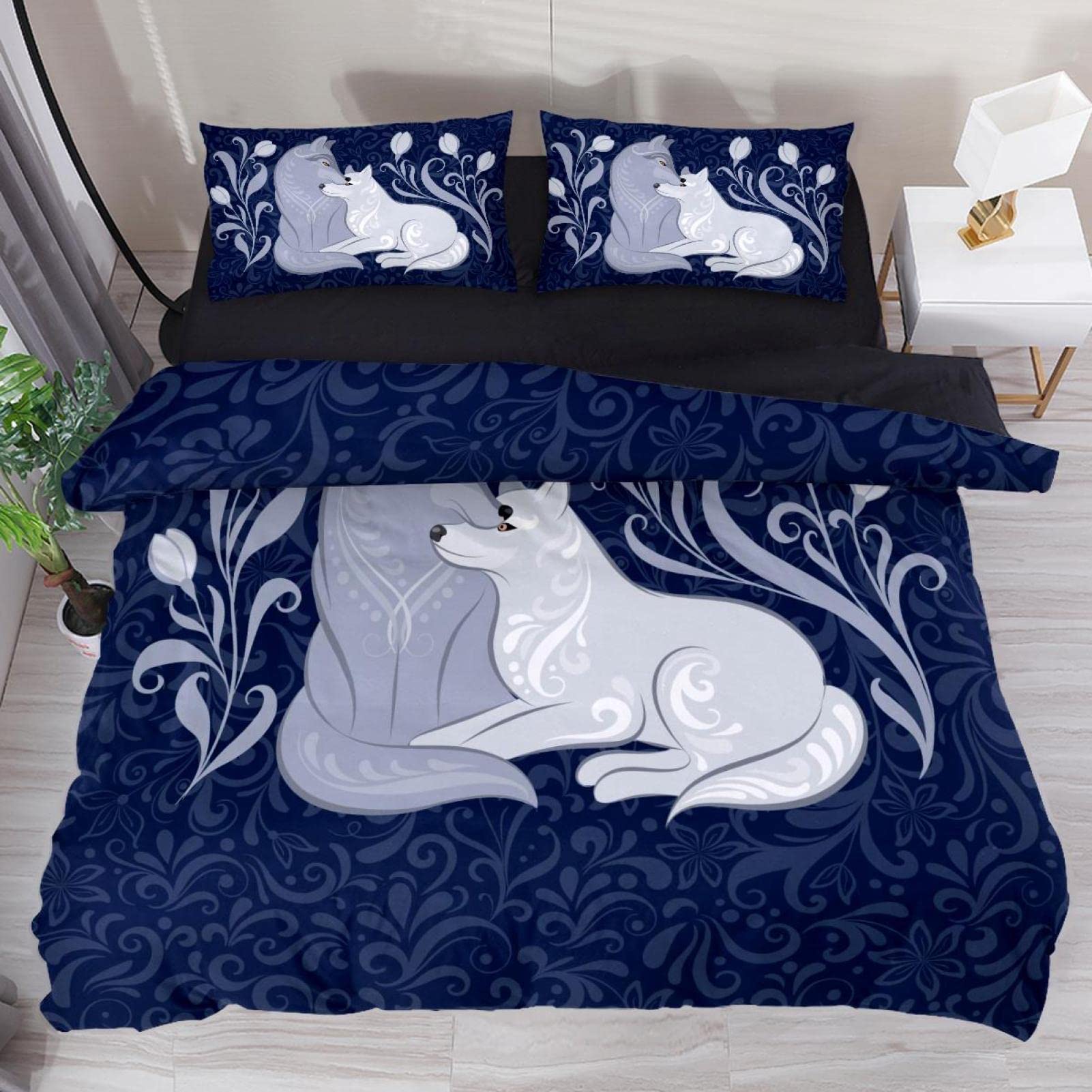 Bettbezug-Set mit Wolfs-Pärchen, Marineblau, Blumenmuster, 3-teilig, atmungsaktives Tencel-Bettwäsche-Set mit 2 Kissenbezügen, Anti-Falten-Bettwäsche-Sets für Kinder und Jugendliche