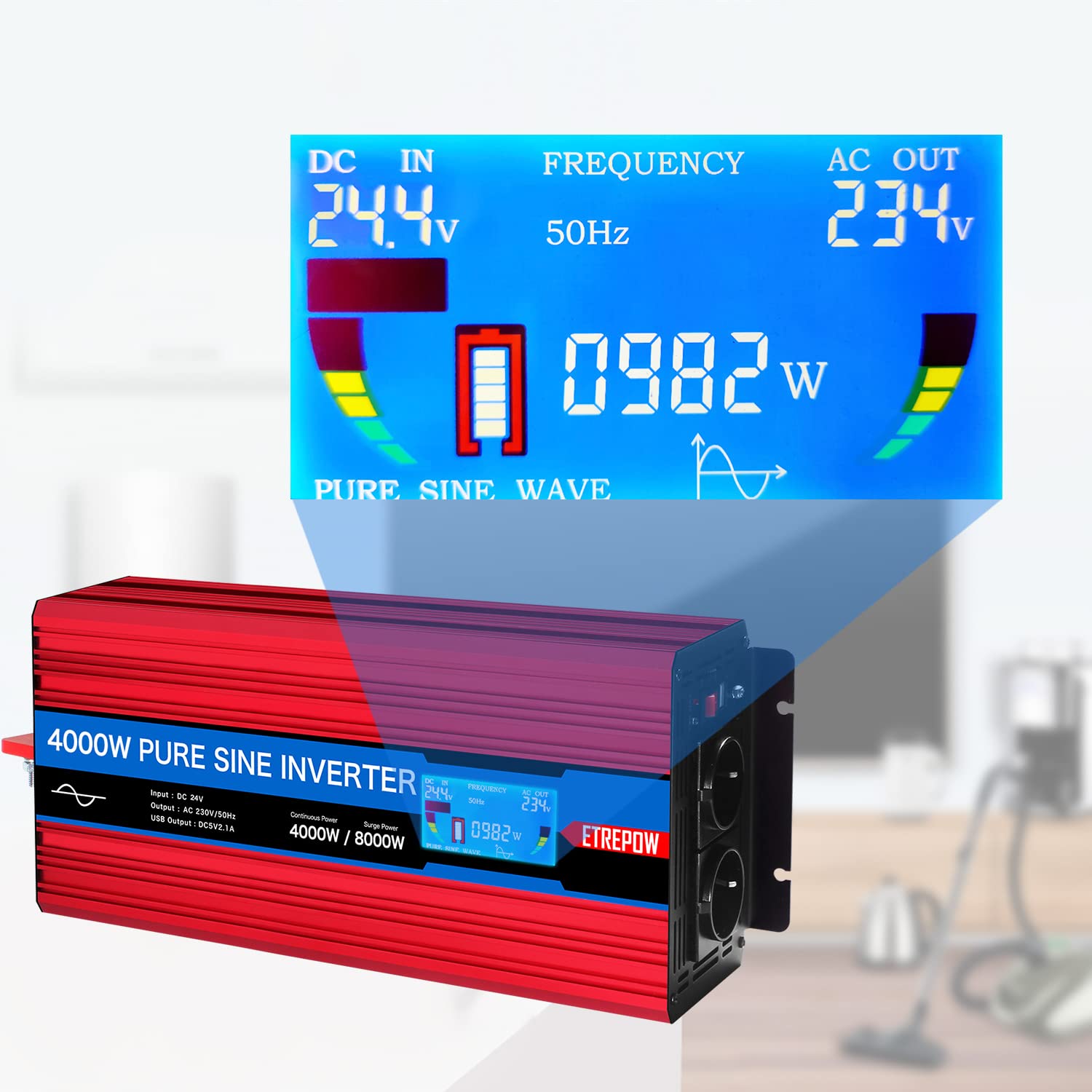 4000W Inverter 24v 220v Onda Sinusoidale Pura | Trasformatore con 2 Prese EU e una USB, Telecomando Senza Fili e Display LCD - Picco 8000W