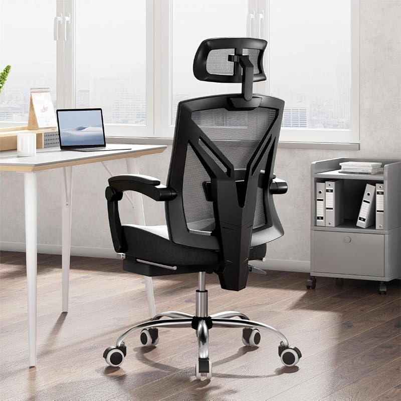 Hbada Ergonomic Office Chair High Back Desk Chair Recliner Chair with Lumbar Support Height Adjustable Seat, Headrest- Breathable Mesh Back Soft Foam Seat Cushion with Footrest, Black