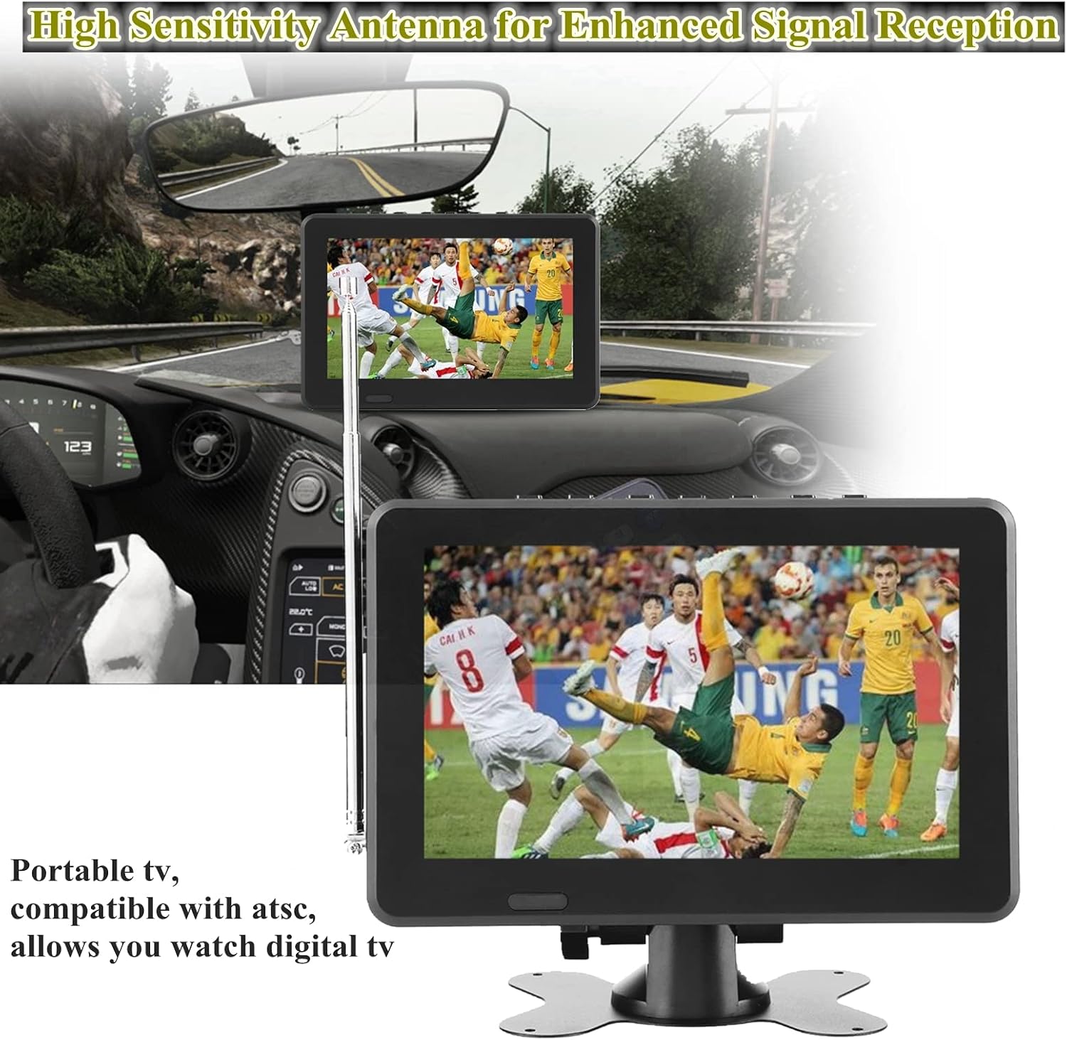 Portable Car Digital TV 7 Inch, 1080P HD Screen ATSC Digital TV Monitor for Camping Kitchen Car, Support FM Radio, AV in/Out, SD MMC Card and USB Devices (7in)