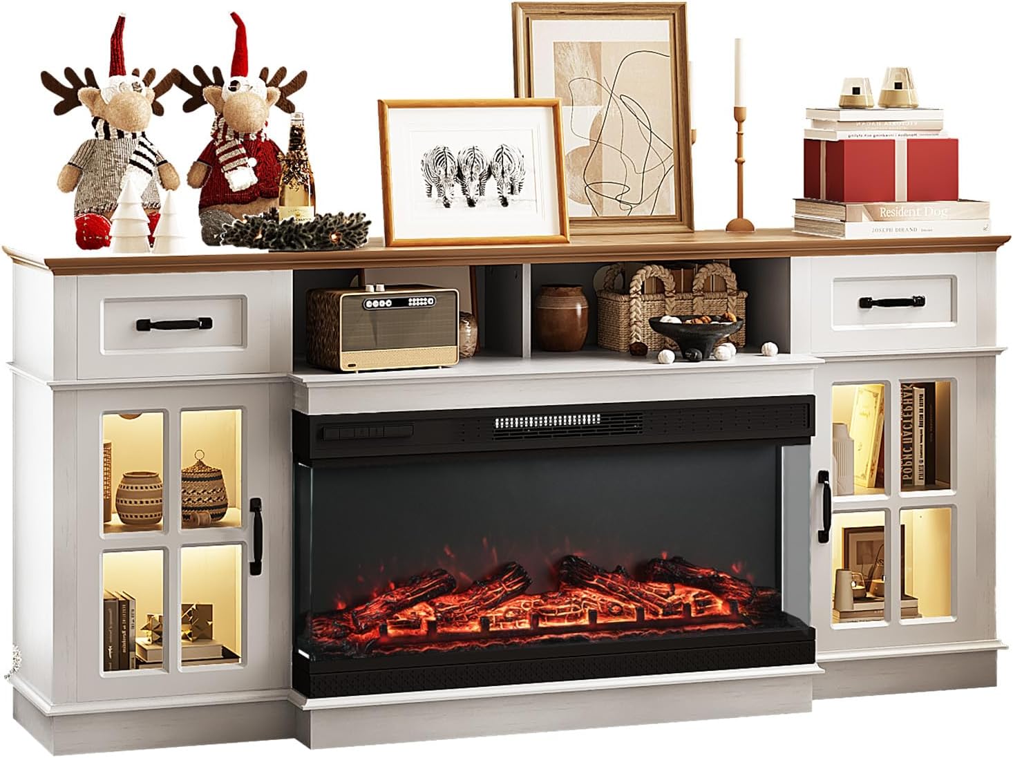 VINGLI Fireplace TV Stand up to 80'' TVs, 3-Sided Glass Entertainment Center with Electric Fireplace Heater & Glass Doors and Drawers, Fireplace Media Console Table with LED Light, Living Room, White