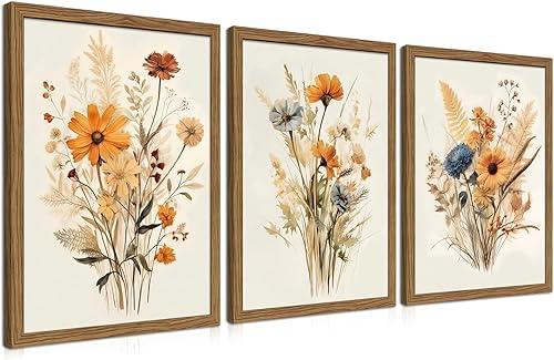 Juego de 3 lienzos enmarcados de flores silvestres vintage, impresiones rústicas botánicas florales para sala de estar, dormitorio, baño, decoración