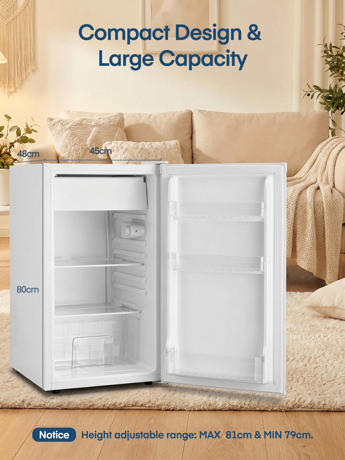 FOHERE Frigorifero Piccolo 90L, Frigorifero Monoporta con Fresh Zone, 7 Termostato Regolabile, Silenzioso, Scomparto per Verdure, Frigo da Ufficio, Camera, Bianco