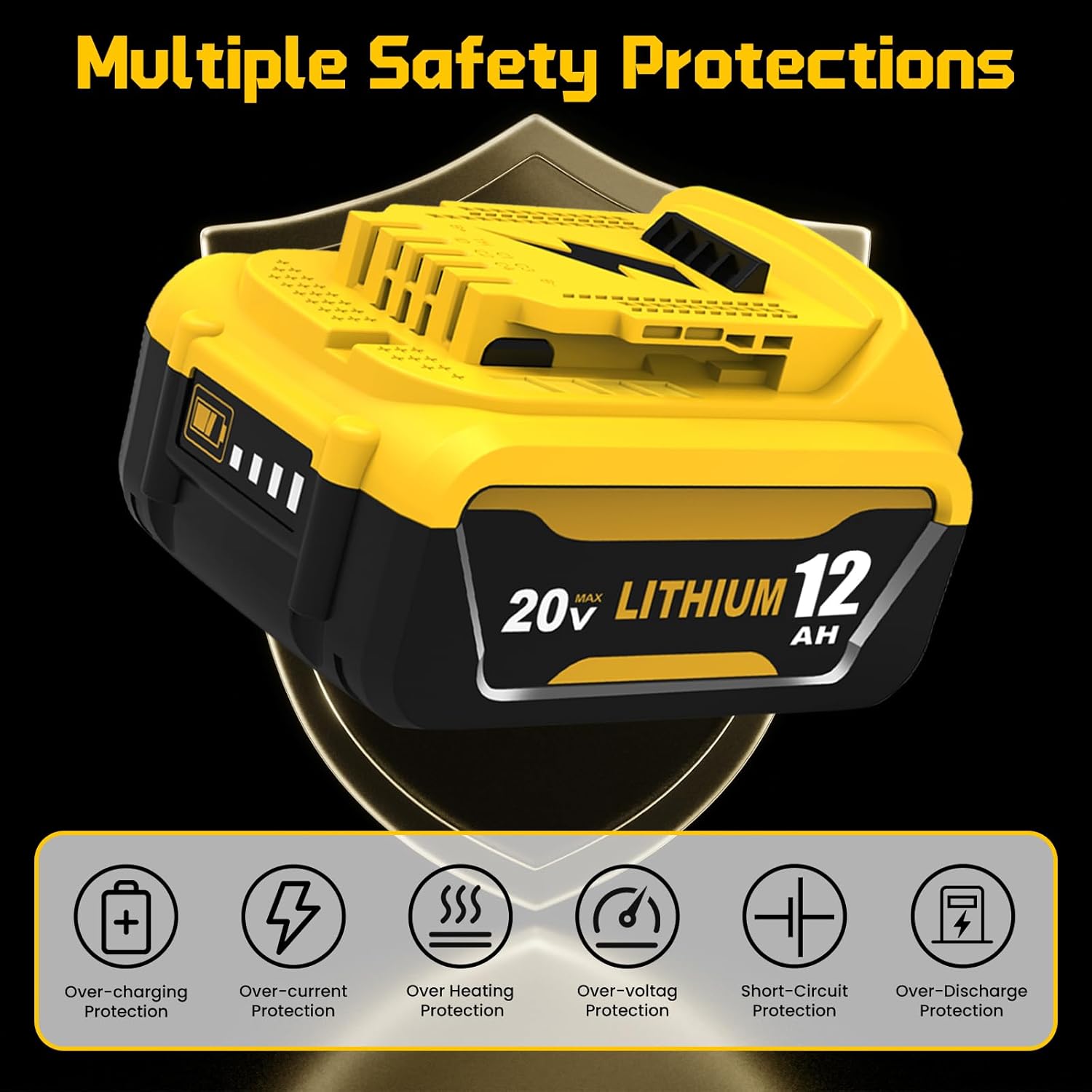12Ah DCB208 Battery Replacement for Dewalt 20V Battery Compatible with Dewalt 20V Max Batteries DCB209 DCB207 DCB206 DCB204 DCB203 DCB201 DCB200 DCD/DCF/DCG Series Cordless Tools(Yellow-4P)
