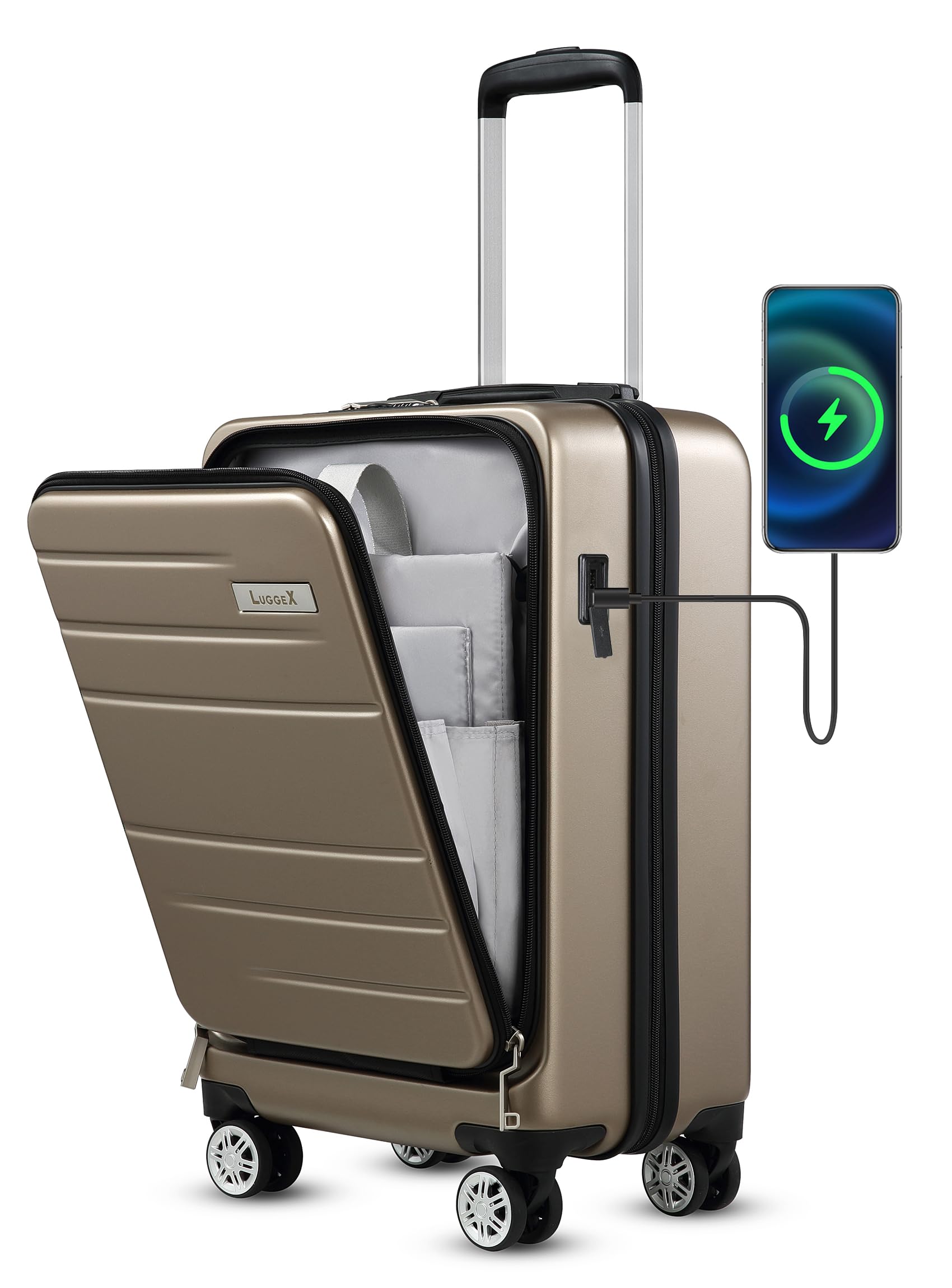 LUGGEX Champagne Carry On Luggage 22x14x9 Airline Approved, PC Hard