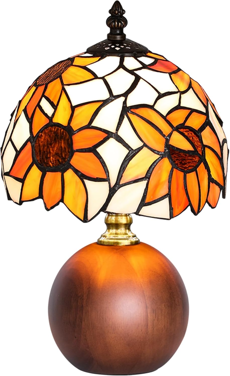 12.2" Tiffany Style Lamp, Handcrafted Stained Glass Sunflower Table Lamp with Spherical Solid Wood Base, 3-Color Dimmable Bedside Lamp for Nightstand & Bedroom, Vintage Aesthetic Accent Light