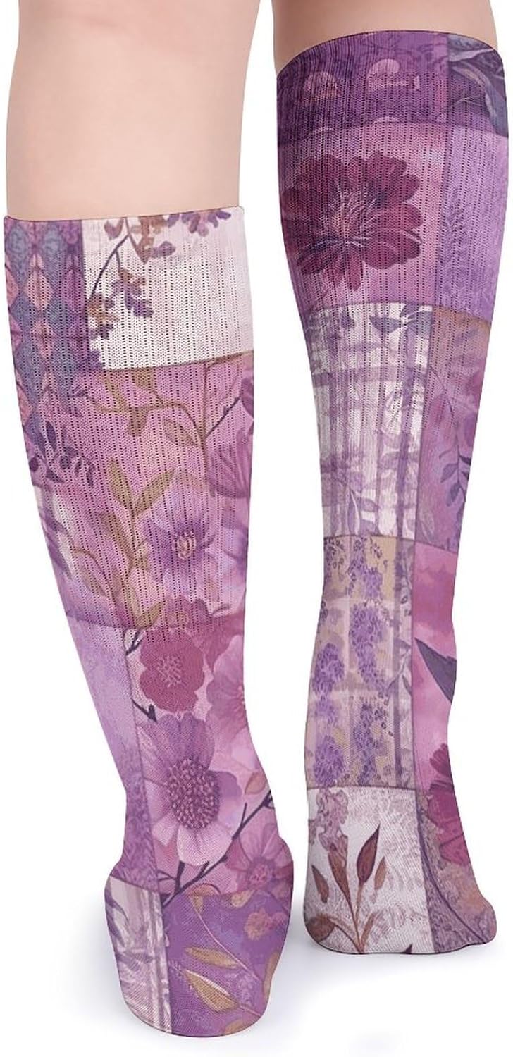 5-Pack Knee High Socks, 15.7 Inch Breathable Casual Socks Purple Flowers Collage Stockings for Men Women