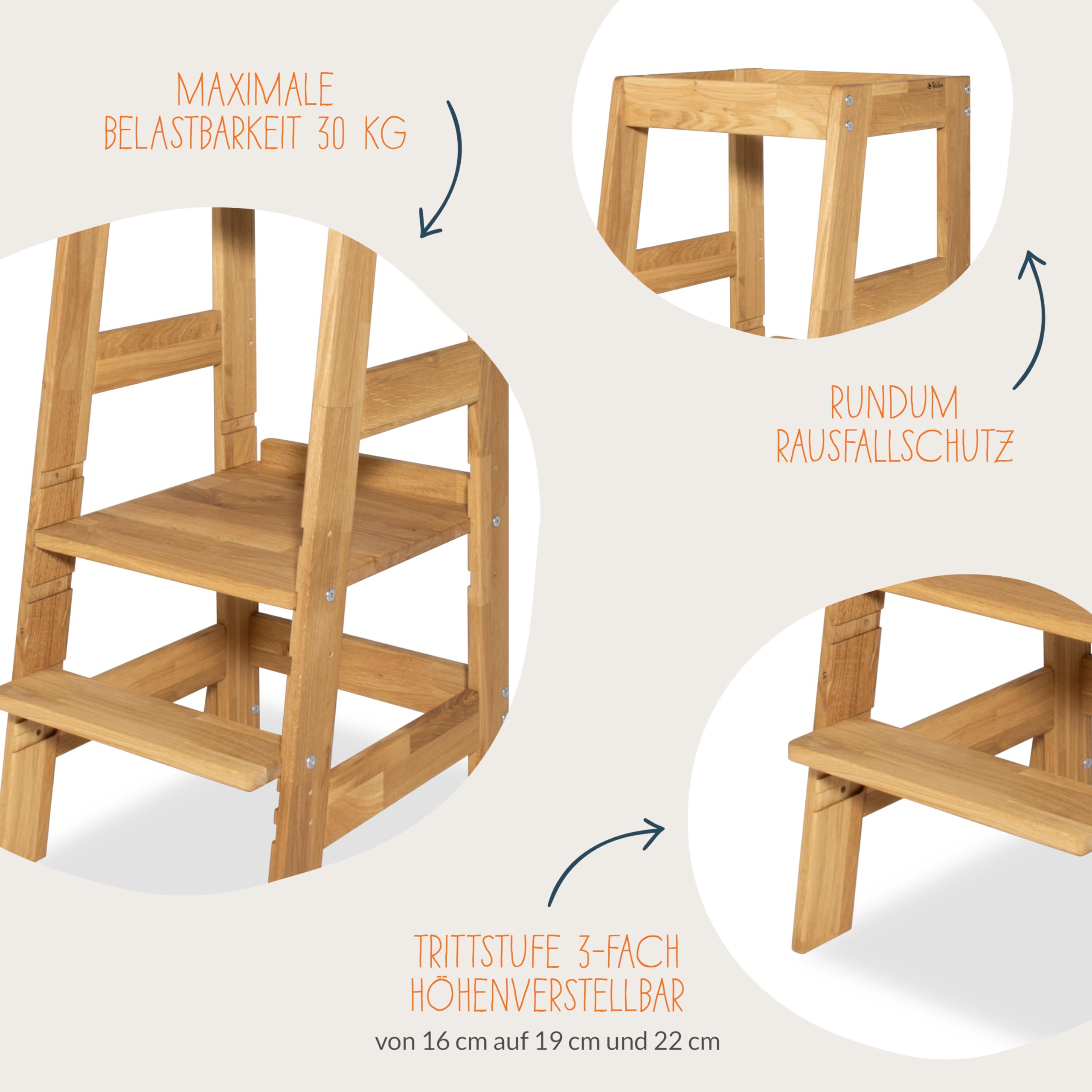 PINOLINO Fino Lernturm - Höhenverstellbarer Kinderhocker ab 1 Jahr – Kinder Tritthocker aus massiver Eiche - Kindertritt, Kleinkindturm, Learning Tower Montessori-inspiriert, Eiche