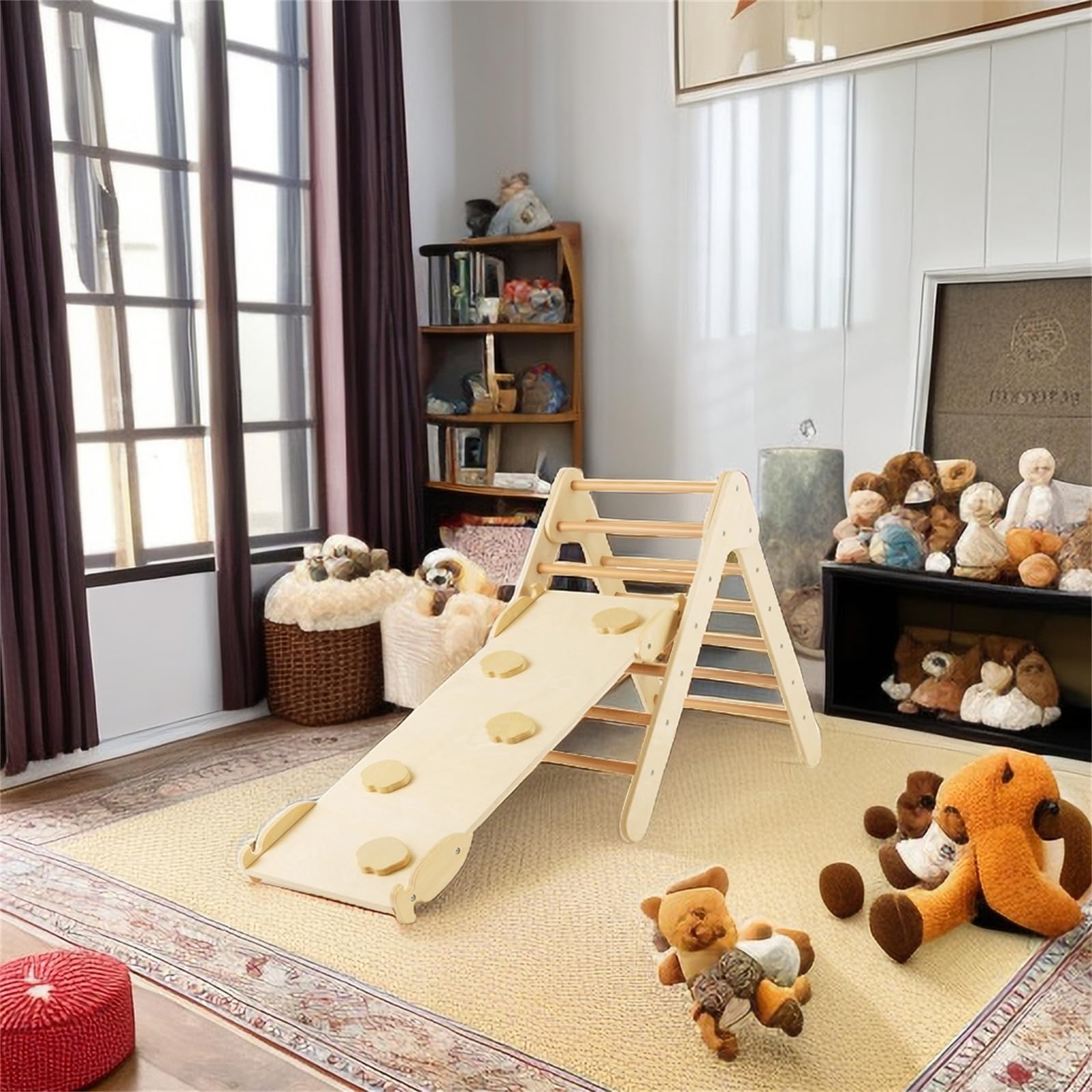 LIFEZEAL Juego de Escalada 3 en 1 con tobogán de inclinación Ajustable, Escalera Triangular de Madera para jardín de Infantes, Juguete de Parque de Atracciones para niños pequeños (Natural)