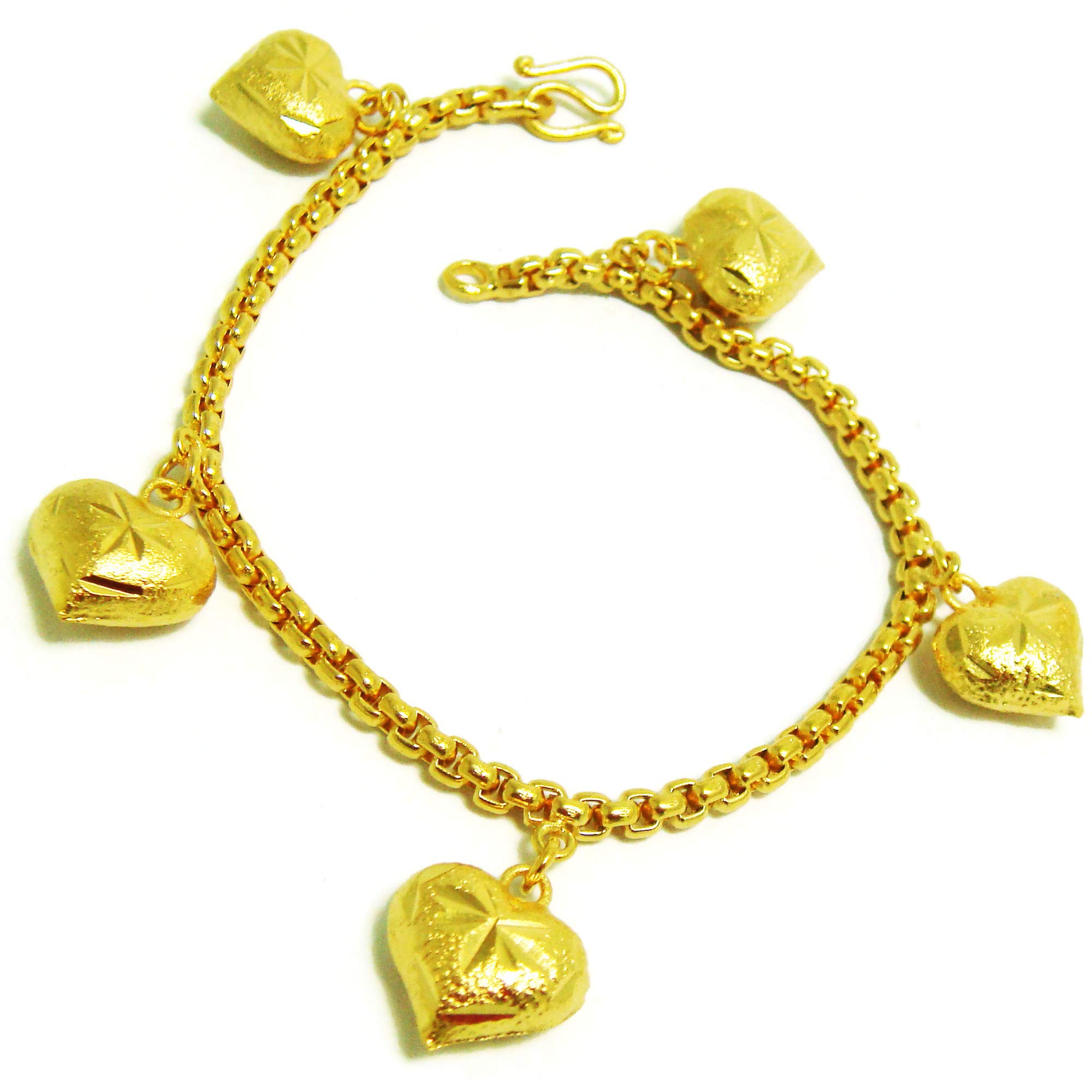 Lovely Hearts 23K 24K THAI BAHT YELLOW GOLD Plated Charm Bracelet 6.5 inch Jewelry Women From Her