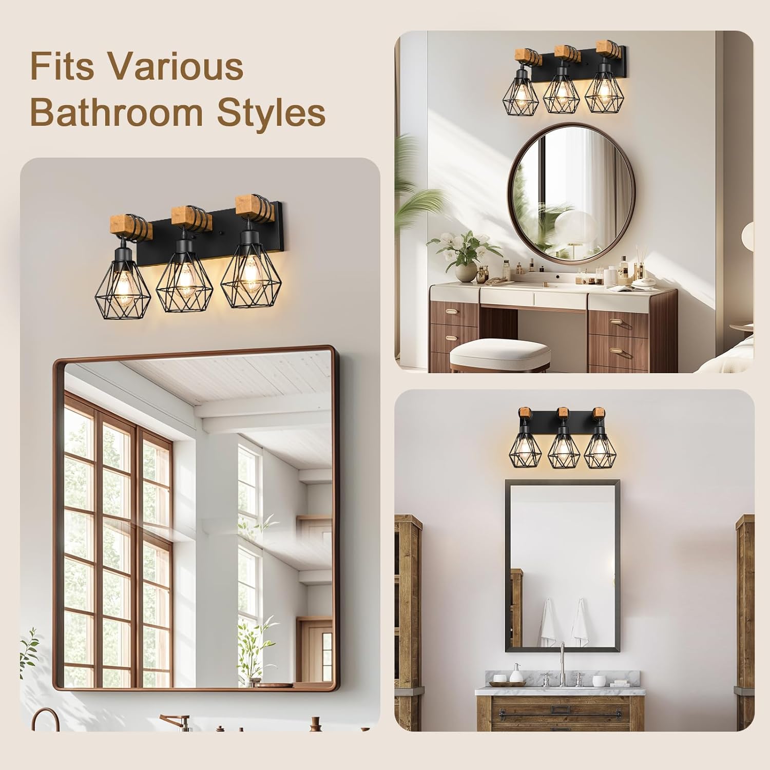 IZORRO 3-Light Farmhouse Vanity Light for Bathroom, Wood Bathroom Light Fixtures Over Mirror, Industrial Black Vanity Light with Metal Lampshade