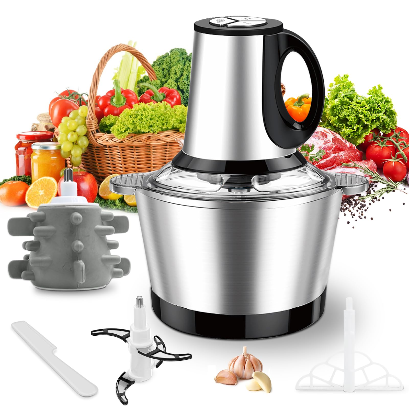 600W Electric Mini Food Chopper, 3-Speed Control Meat Grinder with 2L  Stainless Steel Bowl for Kitchen Cooking, Baby Food, Pet Meals