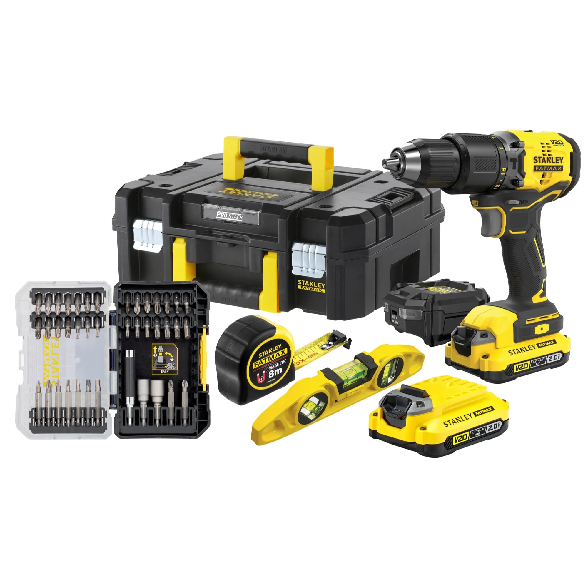 STANLEY FATMAX V20 Perceuse visseuse à percussion sans fil brushless avec niveau à bulle, mètre ruban, 40 accessoires, 2 batteries Li-Ion 2Ah, chargeur 1.25A et mallette PRO-STACK, 18V, SFMCK101D2T-QW