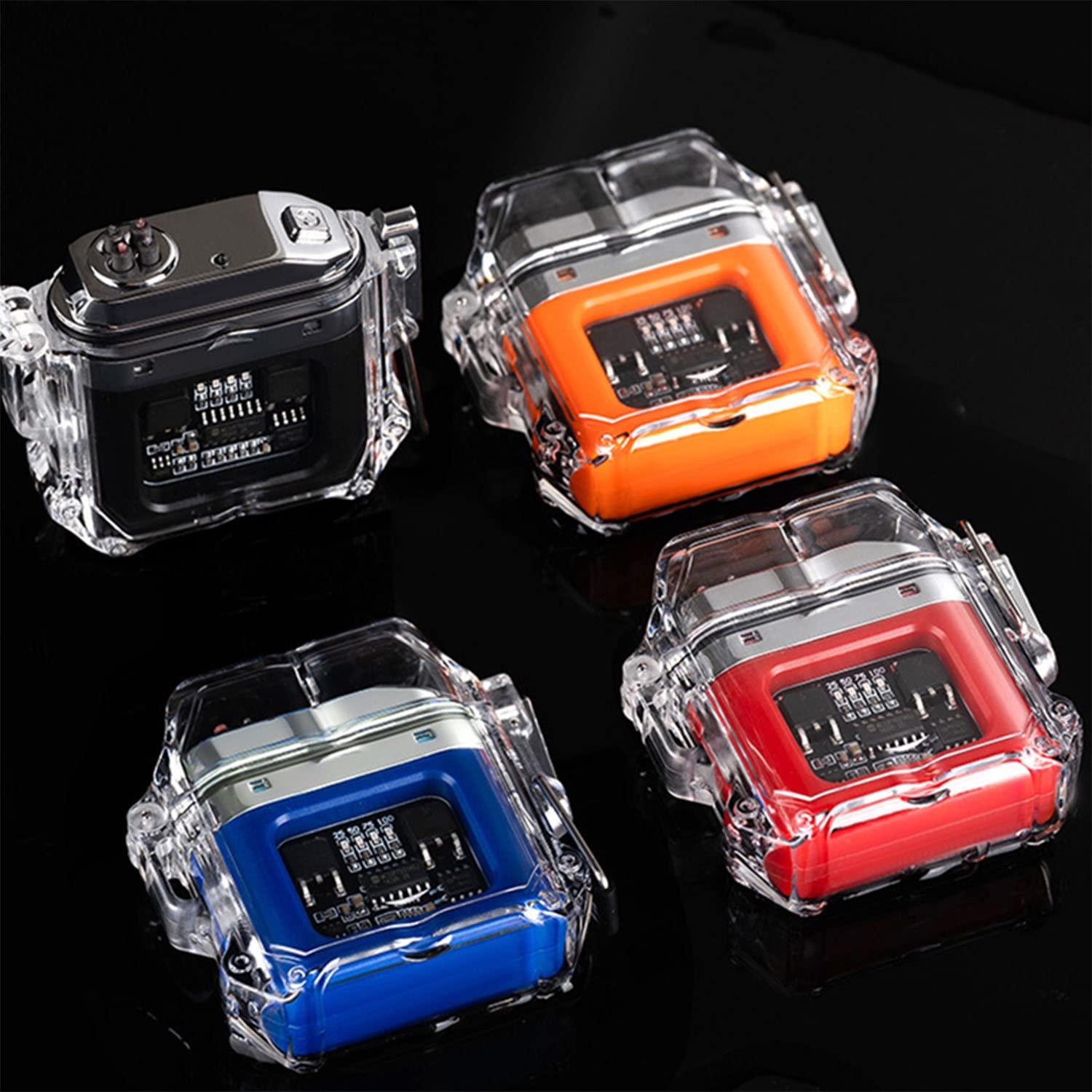 Briquet Électrique Étanche L'extérieur Affichage Puissance du Corps Transparent Coupe-Vent Briquet Plasma à Double Arc avec Cordon pour Randonnée Camping L'Aventure