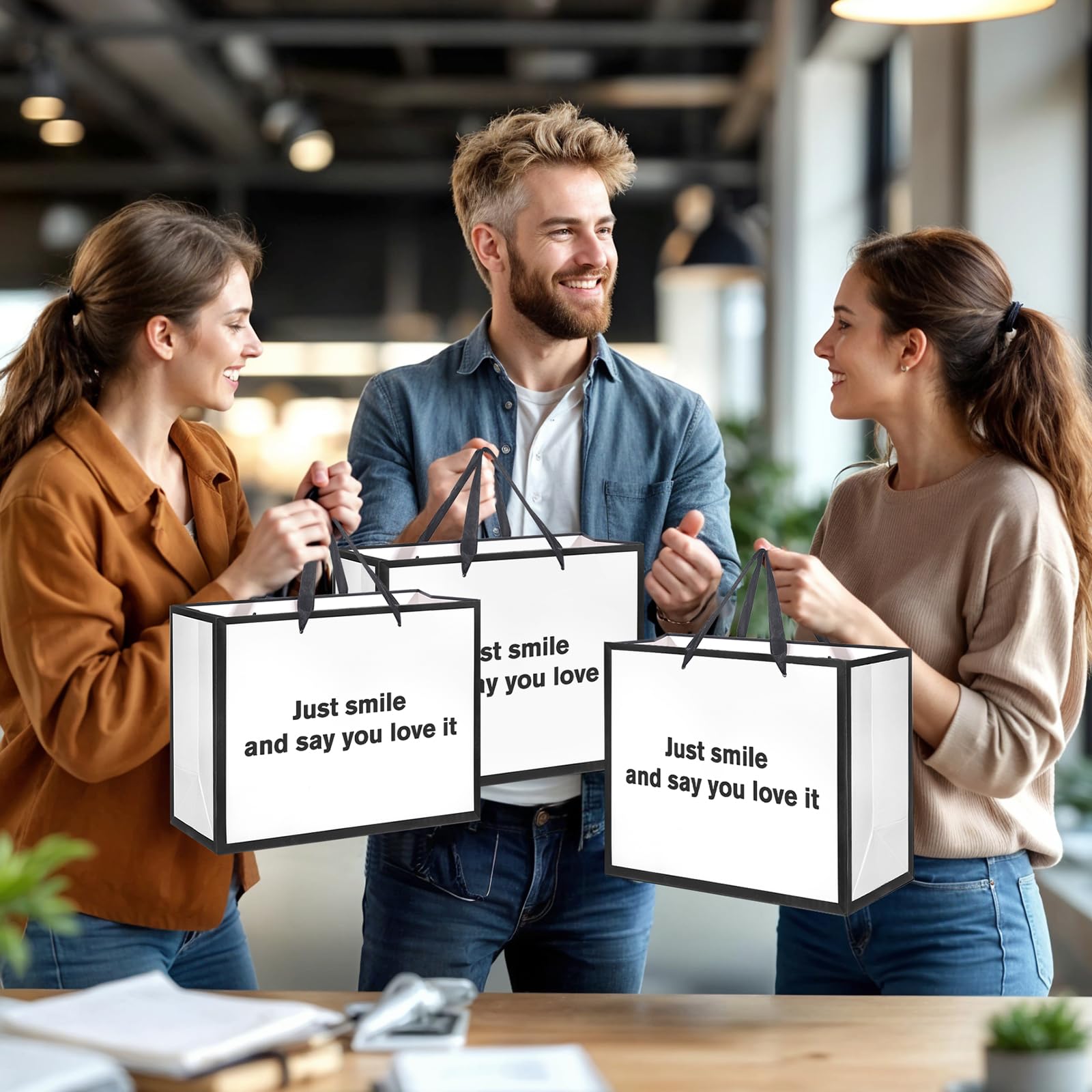 White Funny Gift Bag Just Smile and Say You Love It Gag Gift Bag with Tissue Paper and Greeting Card Inappropriate Snarky Funny Birthday Gift Wrapping Bags for Office Coworker Best Friend Men Women