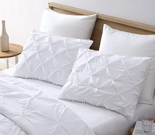 Miniatura 3 de Chezmoi Collection Natalia - Juego de funda de edredón plisada con pompones y flecos, funda de edredón de microfibra lavada suave hipoalergénica con