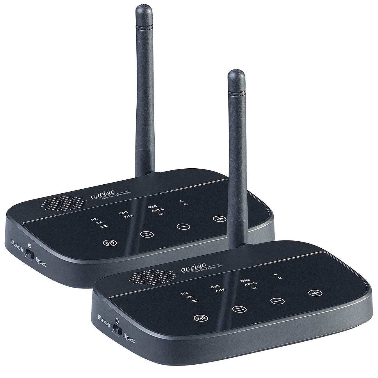 auvisio Audio Funkübertragung: 2er-Set 2in1-Audio-Sender & -Empfänger, Bluetooth 4.2, aptX (TV Funkübertragung, Audioadapter, Bluetooth, Klinke Adapter)