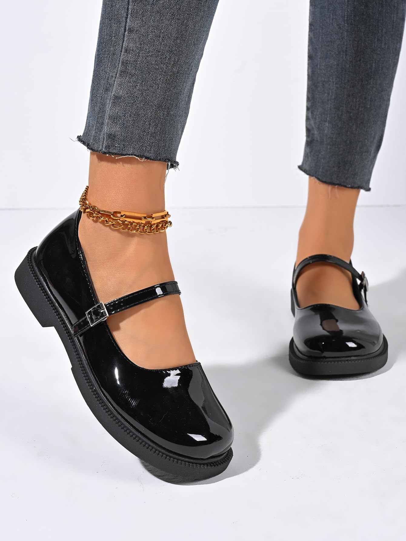 Mary Jane Chaussures de ballet orthopédiques confortables en cuir verni avec bout rond Noir