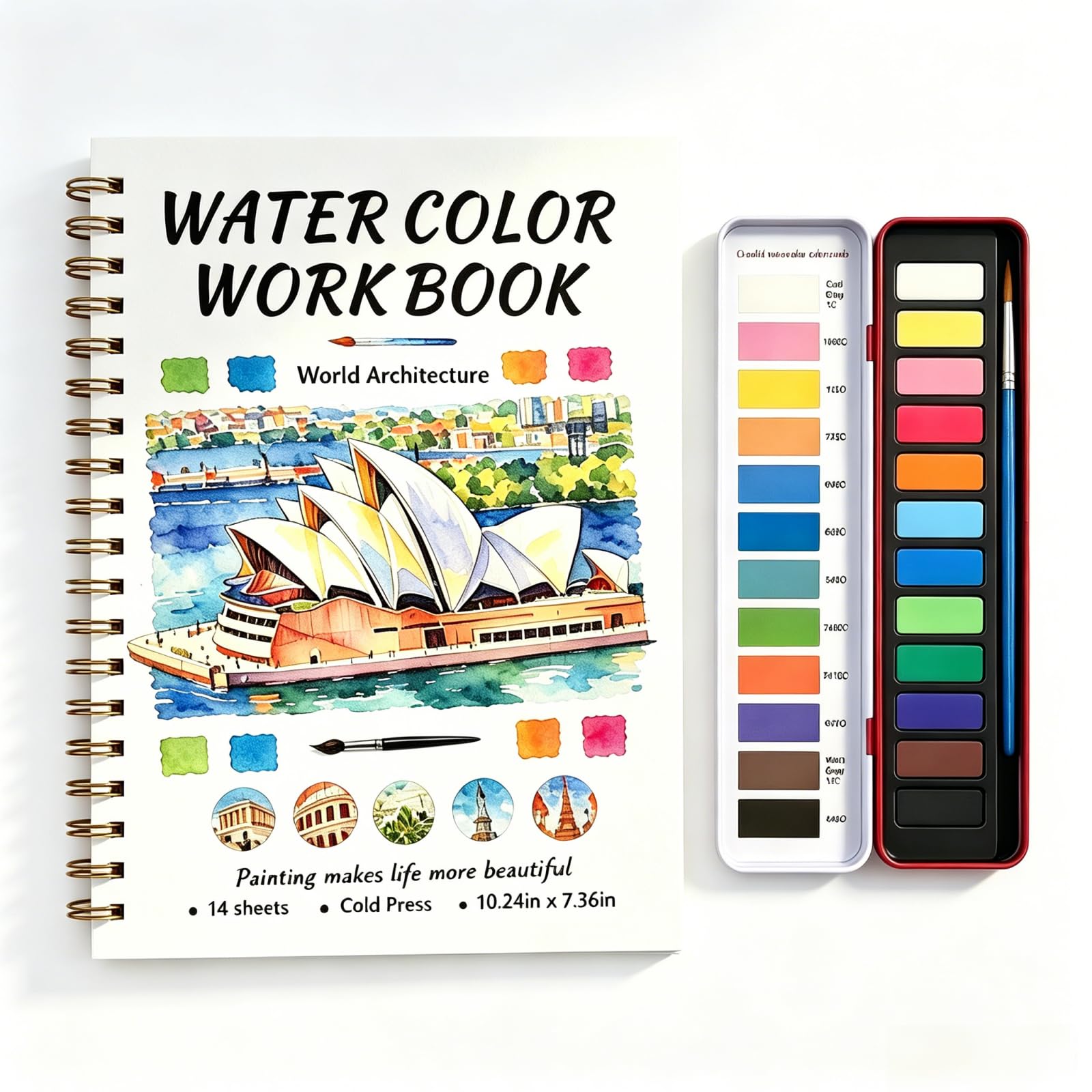 Large Watercolour Art Set for Beginners, 10.24"x7.36" Oversized Workbook with 12 Paints, 14 Pre-Sketched Designs & Step-by-Step Guide for Adults (World Architecture)
