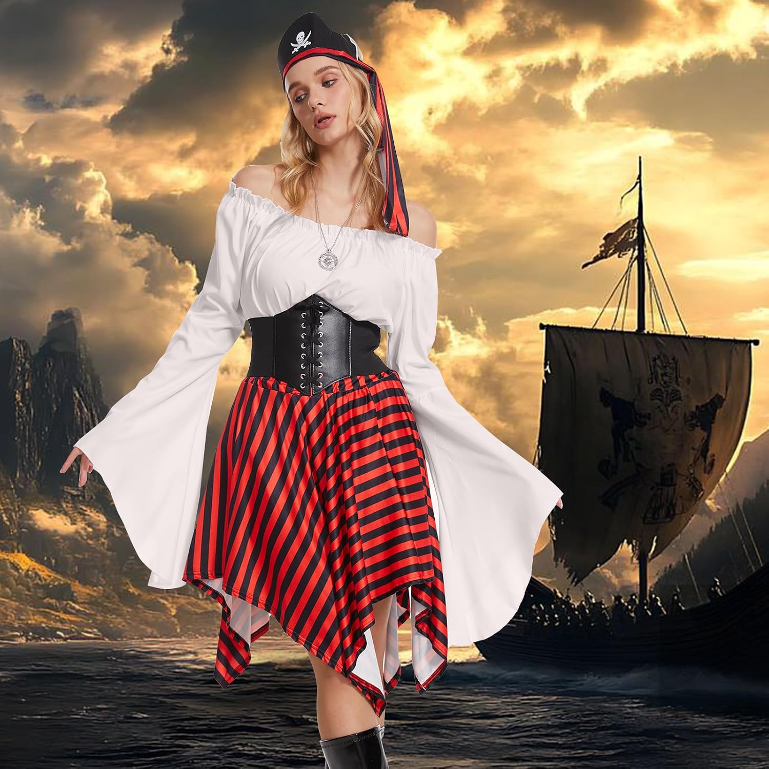 Women Pirate Costumes Blouse Top Corset Waist Belt, Renaissance Top