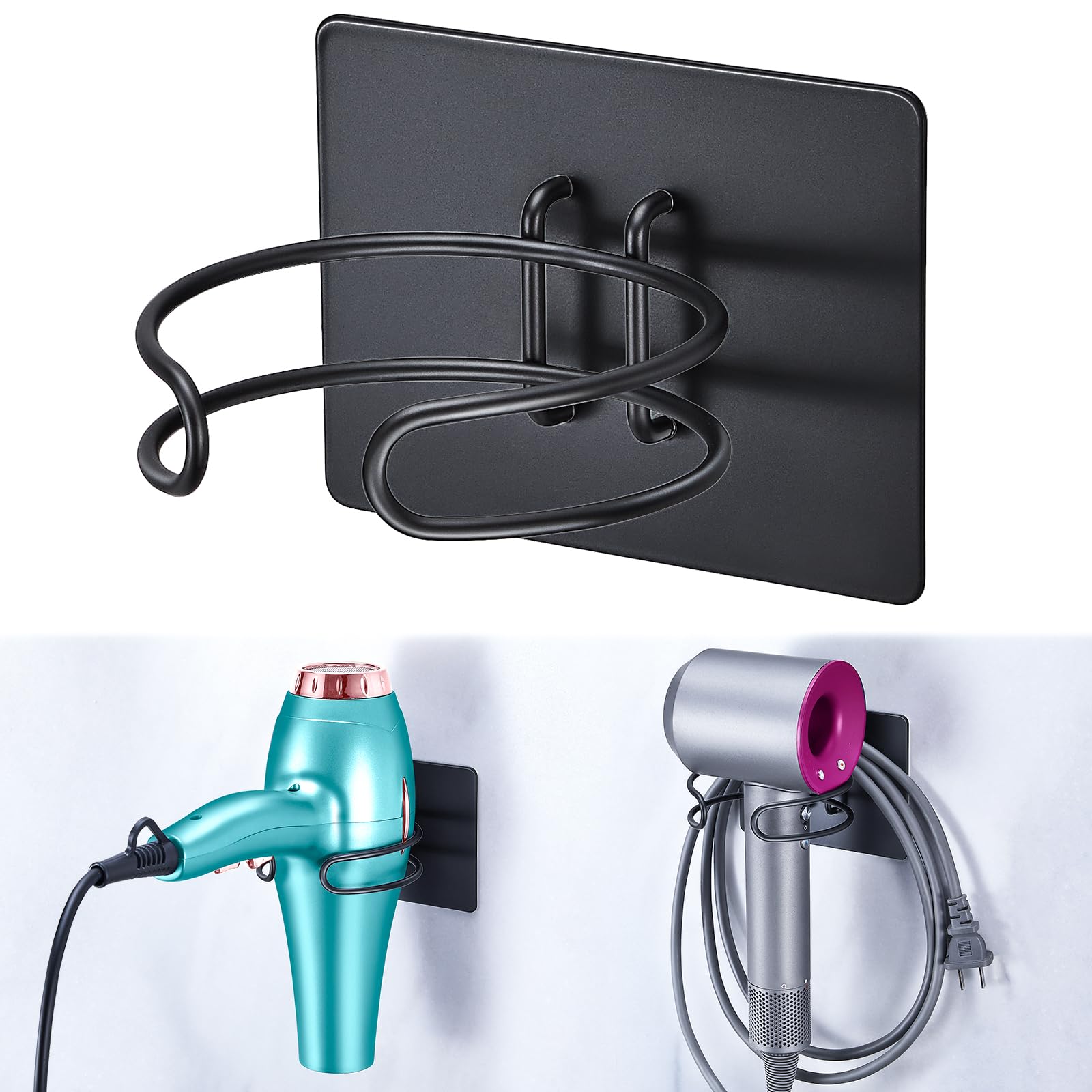 Blow Dryer Holder Wall Mounted, Hair Dryer Holder Stand for Most Hair Dryers Organizer and Storage, Self Adhesive Hairdryer Hanger Rack for Bathroom and Cabinet, Black