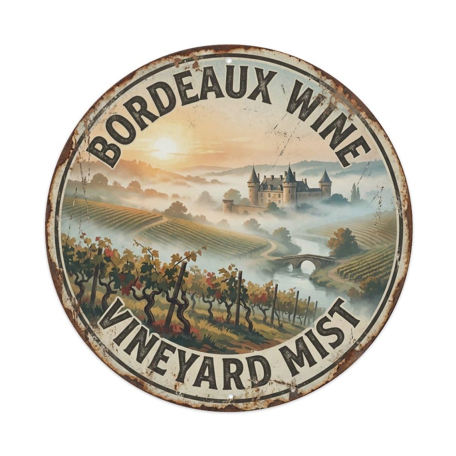 Retro Wine Vineyard Mist France Bordeaux Grape Harvest Metal Tin Sign