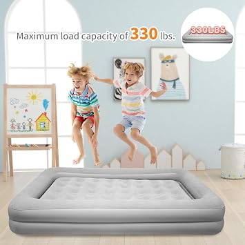 Air Mattress for Kids 4-7 Years - Toddler Travel Bed with Built-in Pump, Sides for Safety, Ultra Soft Plush Surface - Portable Kids Sleeping Pad for Camping, Hotels, Sleepovers & Grandparents' House