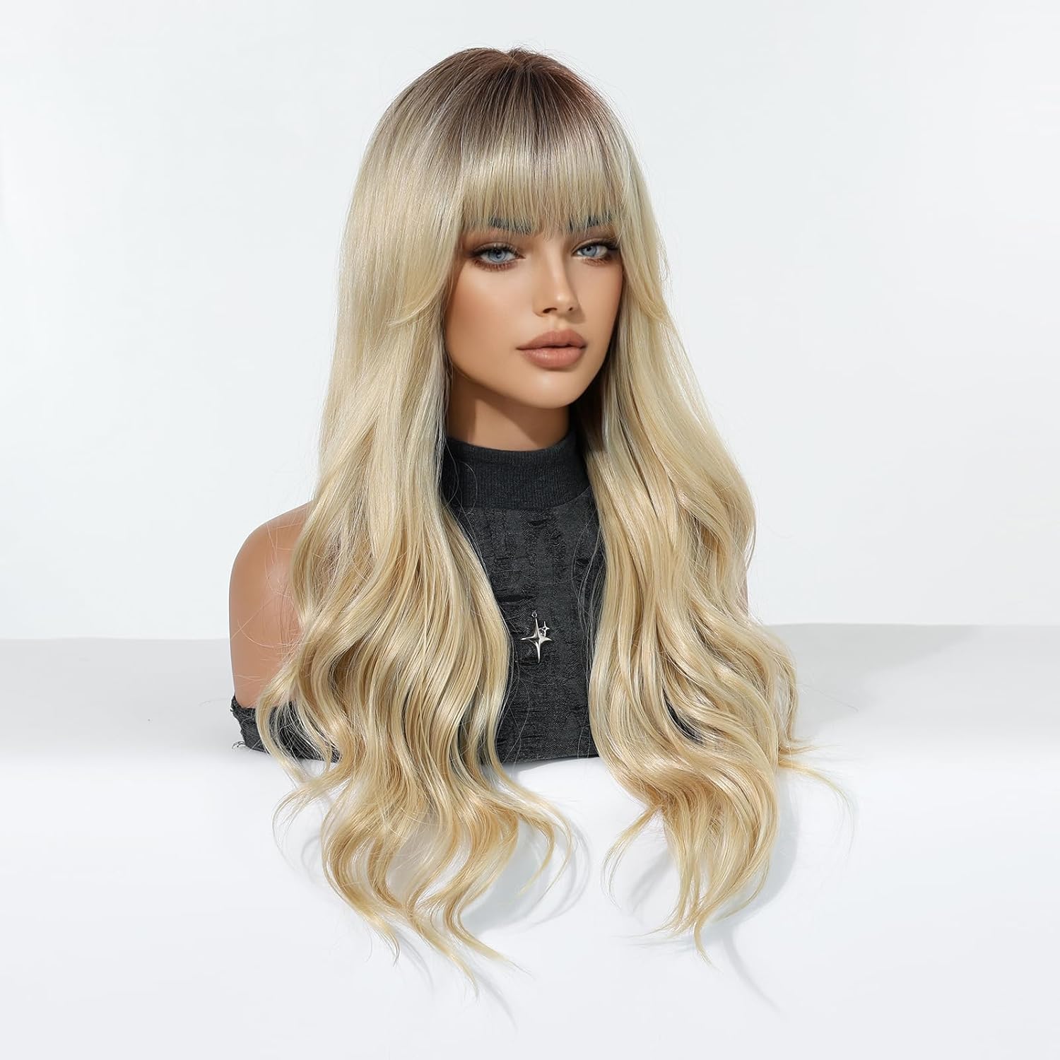 Ombre Blonde Wigs with Bangs for Women, Natural Wavy Curly Hair Ladies Woman Heat Resistant Synthetic Wig 22 Inch Long Wig for Women's Cosplay Costume Party Daily Use
