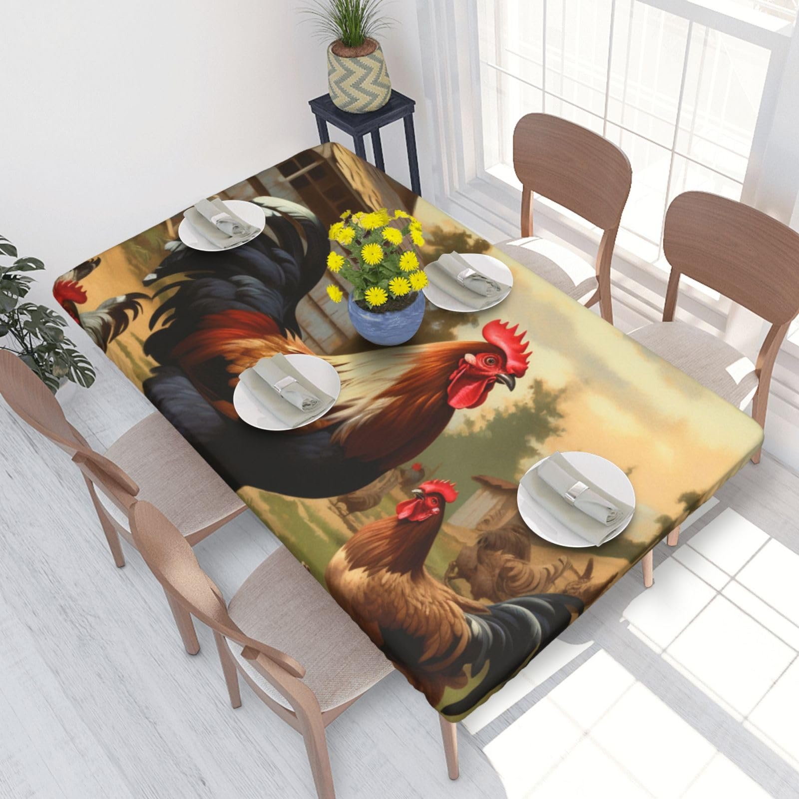 DCARSETCV Farm Print Chicken And Rooster Printed 4FT Waterproof Tablecloth with Elastic Edged Protect & Decor Your Table, Oil-proof Washable Table Cloth Cover for Dinner Picnic Party