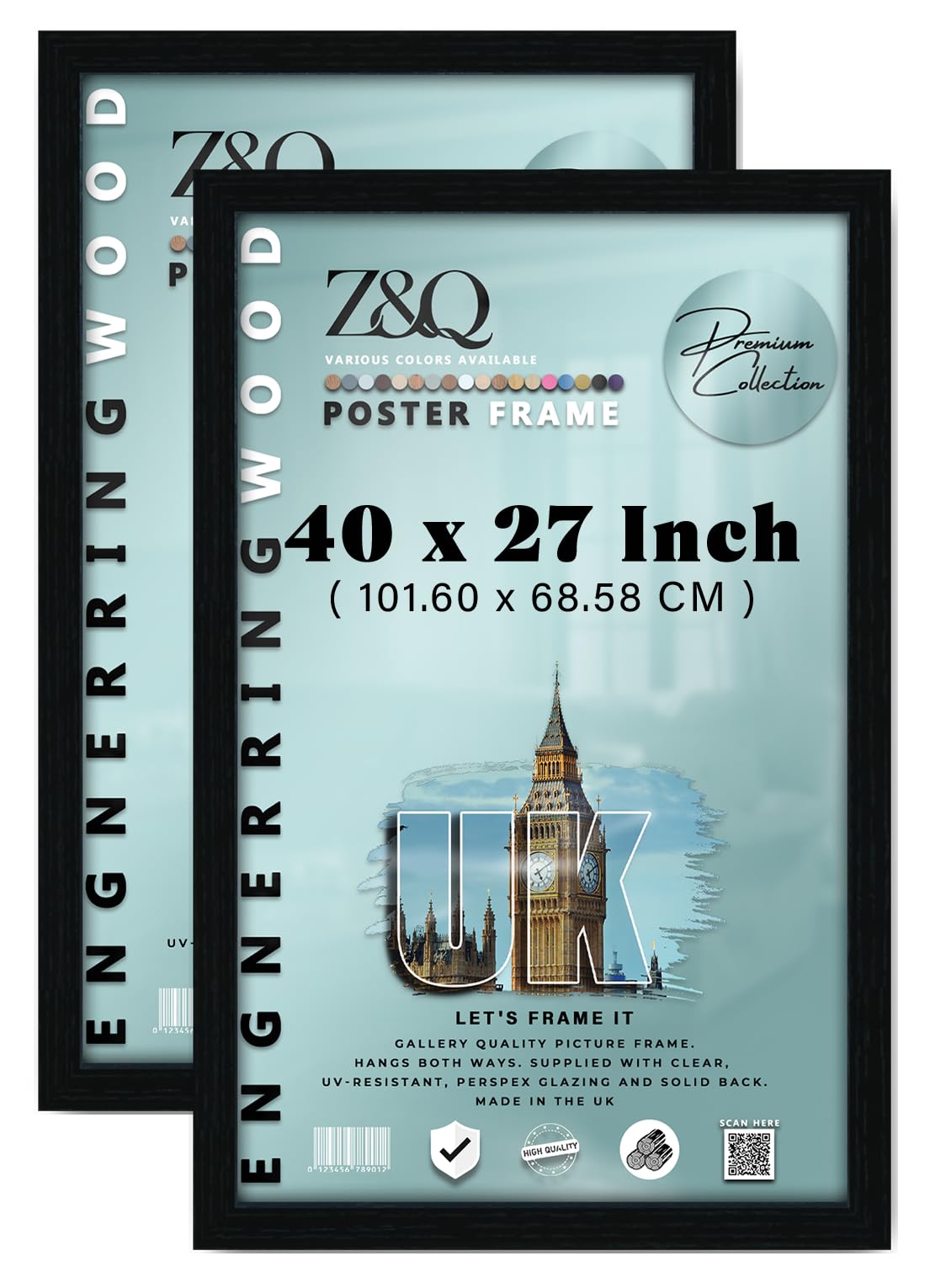 Z&Q pack of 2 Aesthetic MDF Wall Frame (101.60 x 68.58 CM) Wooden Art Frame, Home & Office Display 27 Inch x 40 Inch Stylish Mount, 1016 x 685.8 mm [ Black ]
