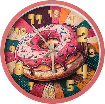 Pink Donut 12Inch Round Silent Non Ticking Wall Clock for Home Office | Quartz Analog Clocks, Battery Operated, Decorative Reloj de Pared for Kitchen Living Room,