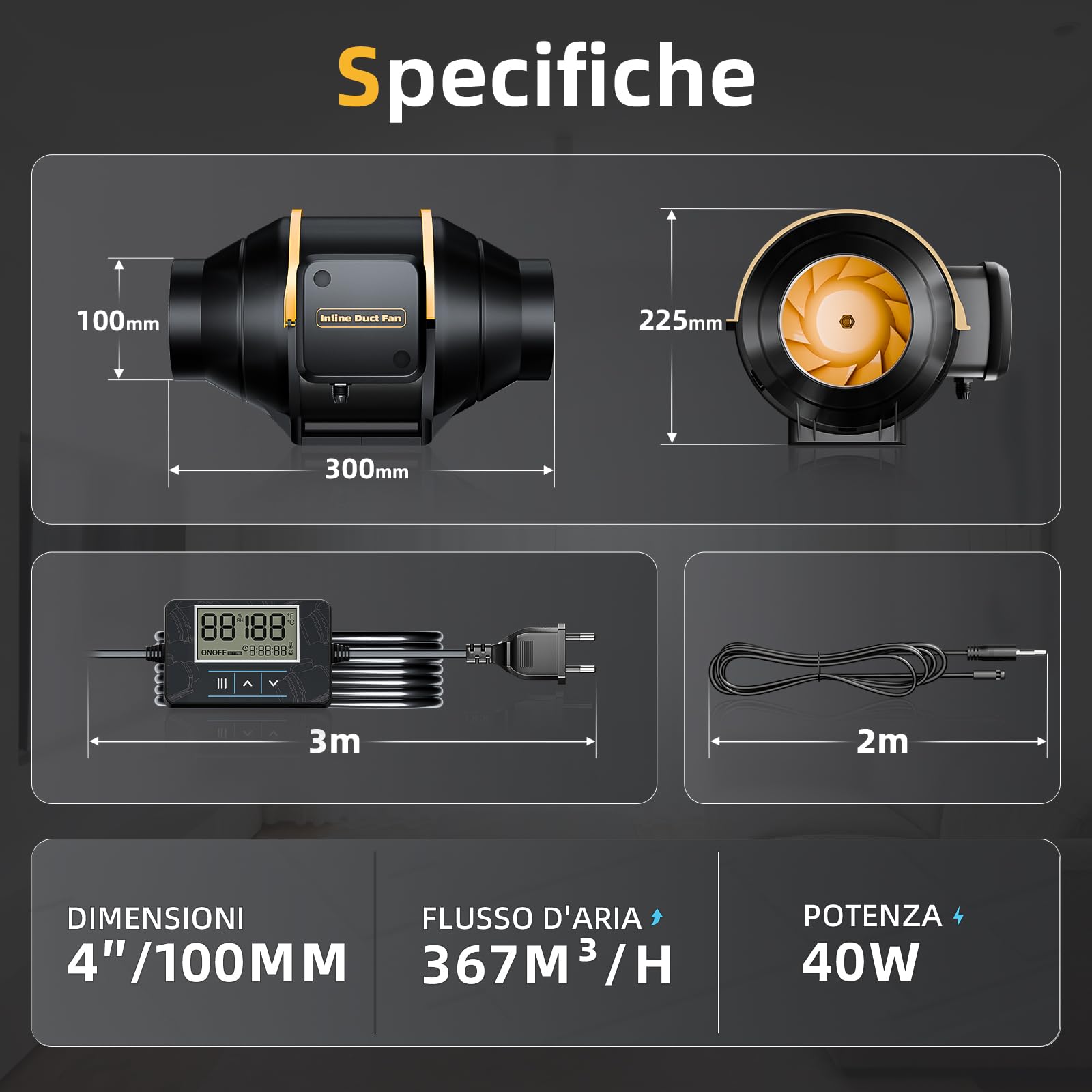 Ventilatore a tubo 100 mm, silenzioso, motore a doppia sfera puro con telecomando per controllo della temperatura e dell'umidità, per tenda da Grow Hydroponics 4E219-A