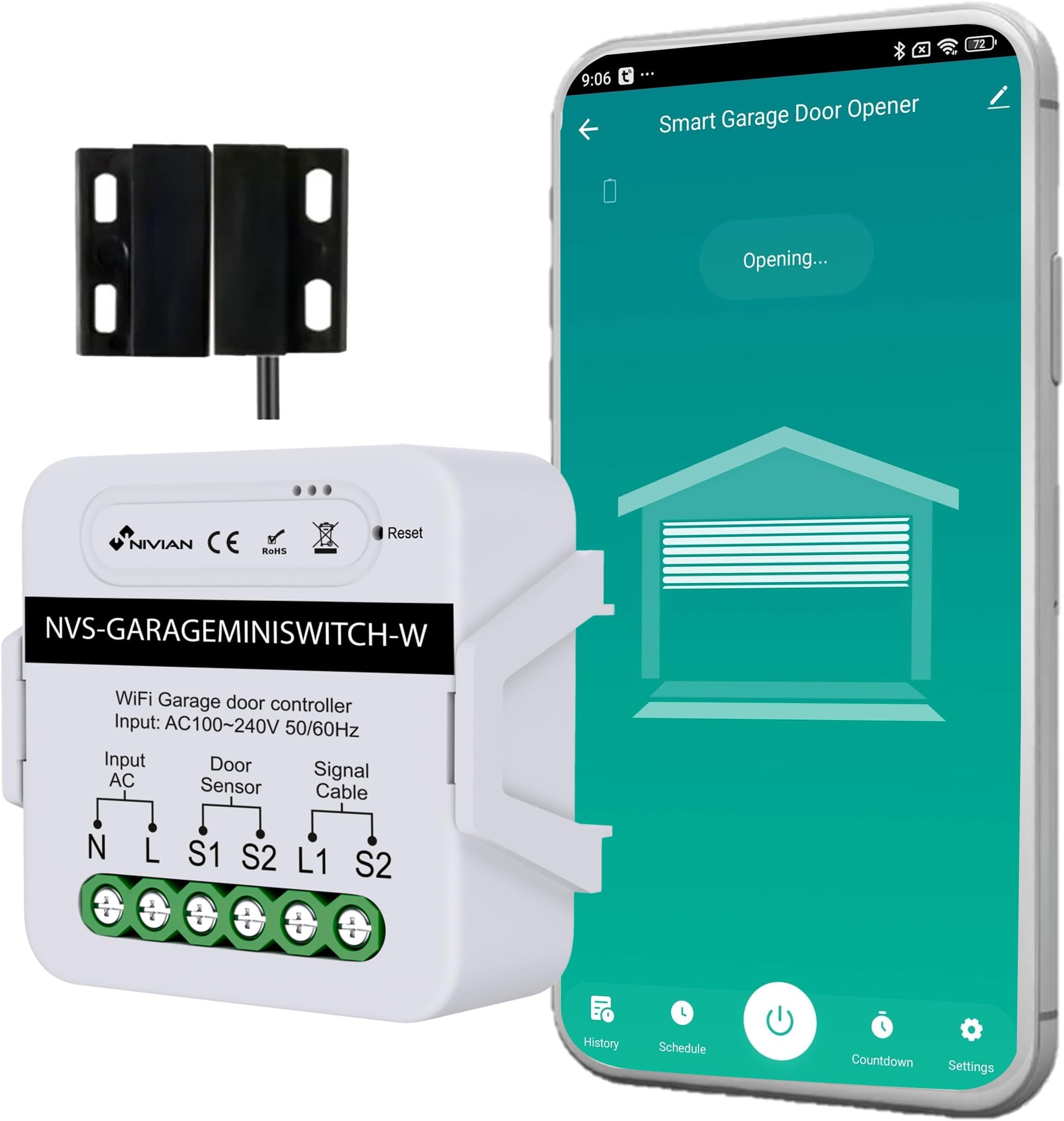 NIVIAN Abridor puerta garaje WiFi Controlador inteligente para motor de Puerta de Garaje por app TUYA. Programación Horaria, Temporizador y Escenas Inteligentes. Compatible con Alexa y google home.