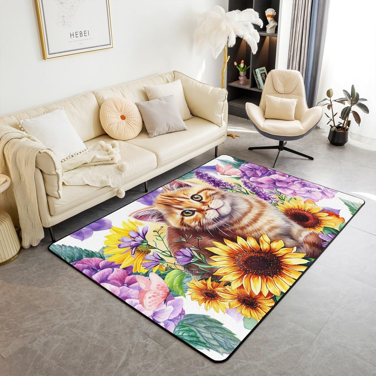 Cute Yellow Duck Area Rug Watercolor Purple Lavender Hippie Daisy Non Slip Rug for Kids Girls Teens Pink Butterfly Cartoon Farm Animals Indoor Floor Mat for Sofa RV 100cm X 150cm X 1cm