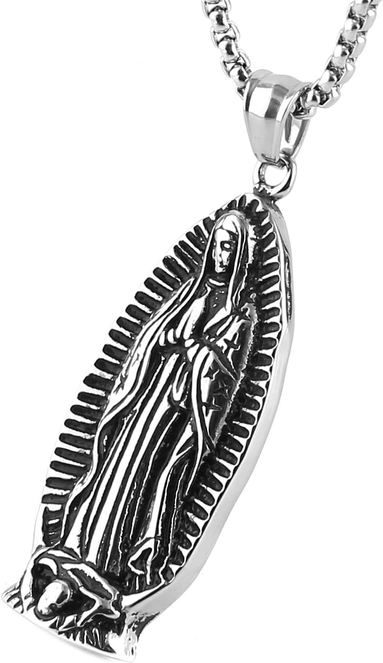 HZMAN Stainless Steel Blessed Mother Mary - Our Lady of Guadalupe Pendant Necklac with Steel Wheat Chain - Image 7