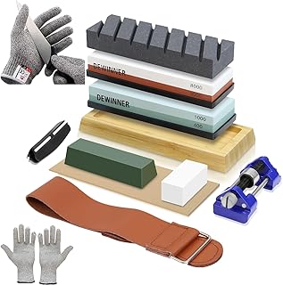 DEWINNER Knife Sharpening Stone, Whetstone Includes 4 Side Grit 400/1000 3000/8000, Non-Slip Bamboo Base, Angle Guide, Polishing Compound, Leather Strop, Flattening Whetstone,Professional Kit