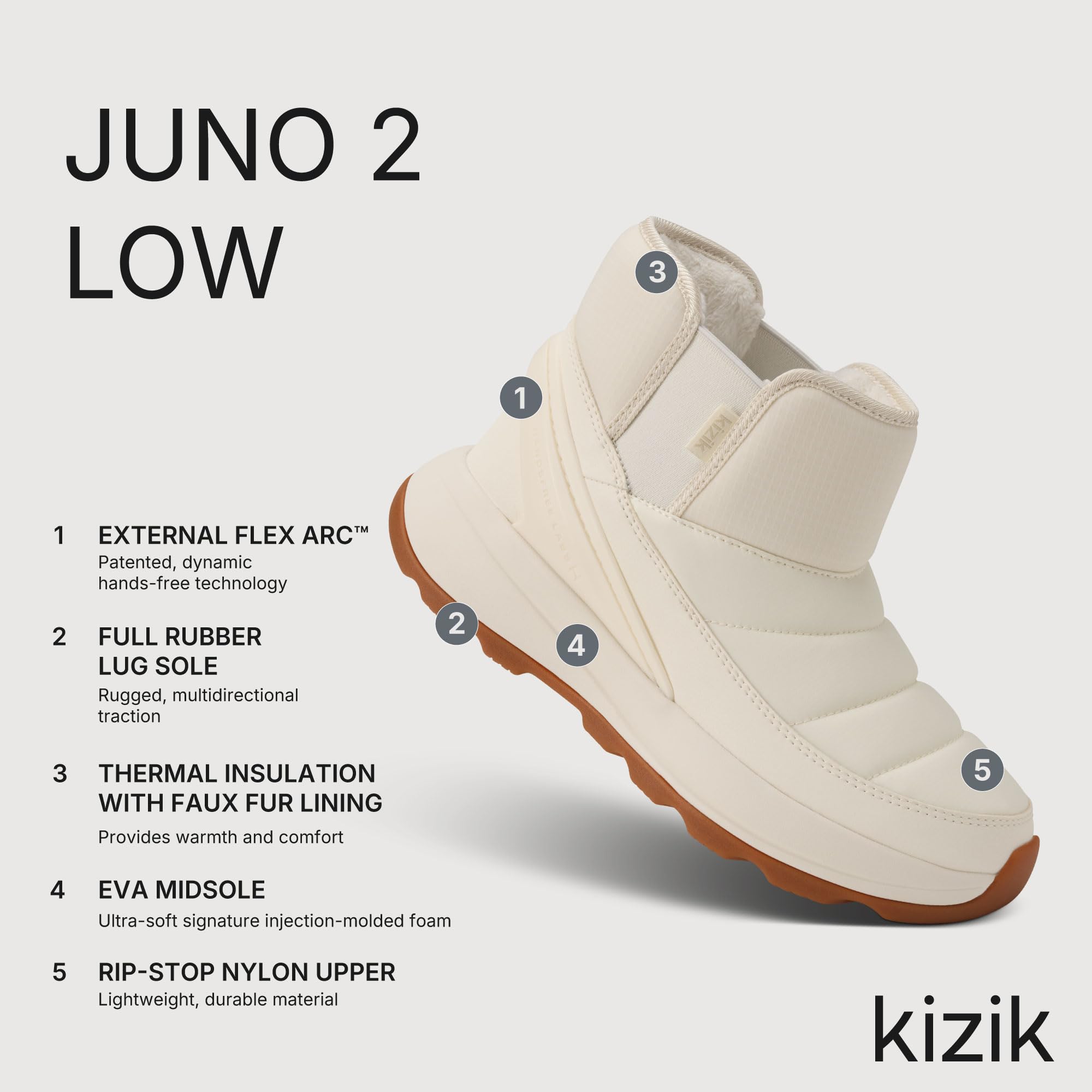 Kizik Juno 2 - Botas de Nieve Bajas sin Cordones para Mujer: Suela de Goma Duradera para Cualquier Terreno, Forro de Piel sintética para Calidez Durante el Uso Diario de Invierno, Ancho Regular