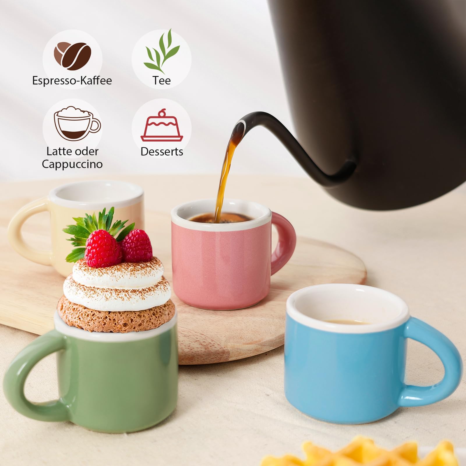 Espressotassen Mini Kaffeetassen Set 4 x 43 ml, Dickwandige Espressotassen mit Henkel für Mokka, Kaffee, Tee & Milch – Buntes Set in Soft Neutral Tones